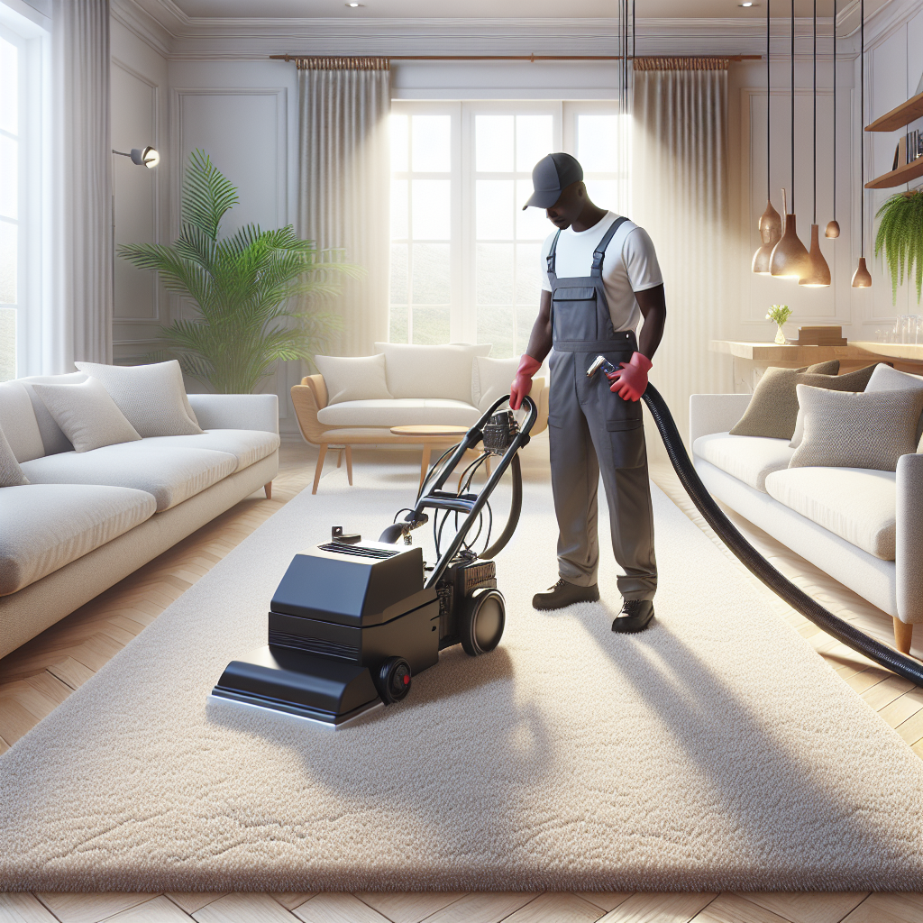 A professional cleaner conducting deep cleaning of a light-colored carpet in a modern, well-lit living room.