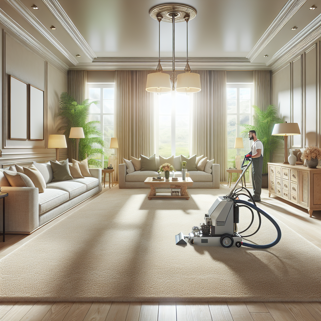 A living room with a plush beige carpet being deep cleaned by a professional cleaner using a high-tech machine.