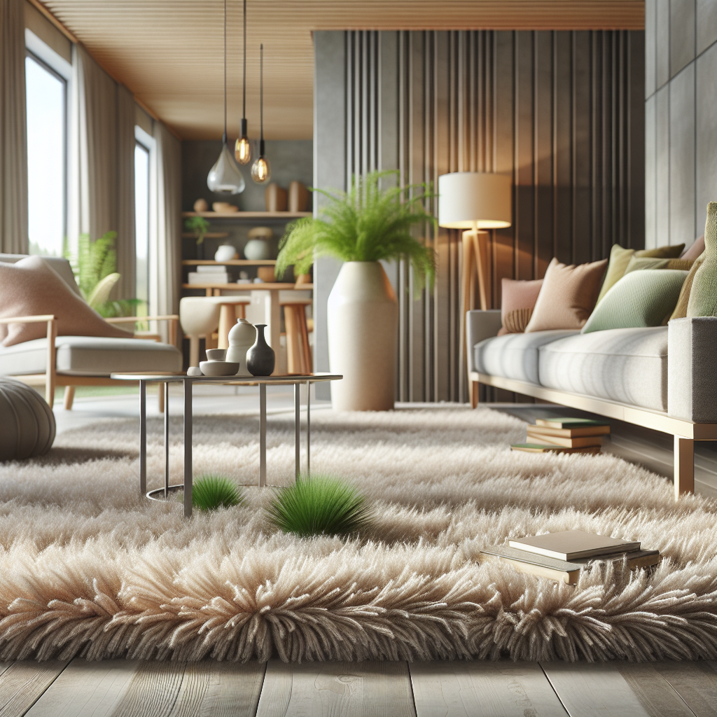A newly deep-cleaned carpet in a cozy living room with modern furniture and soft lighting.