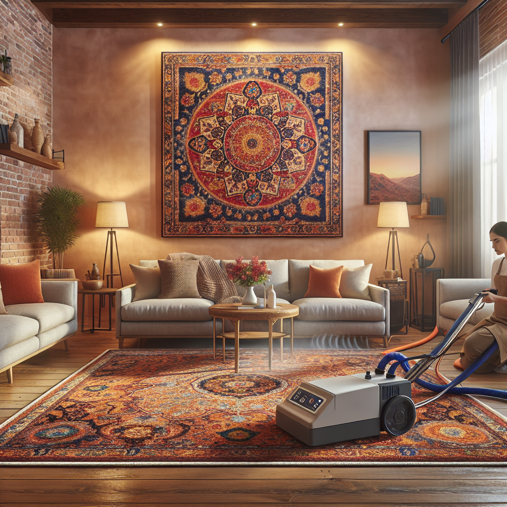 A living room with professional carpet deep cleaning in progress, showing a modern cleaning machine and vibrant patterned carpet.