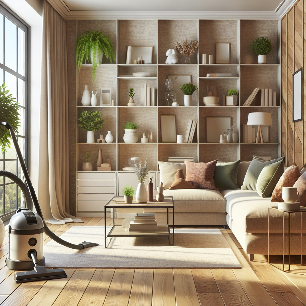 A clean and organized living room with a coffee table, shelves, and a vacuum cleaner.