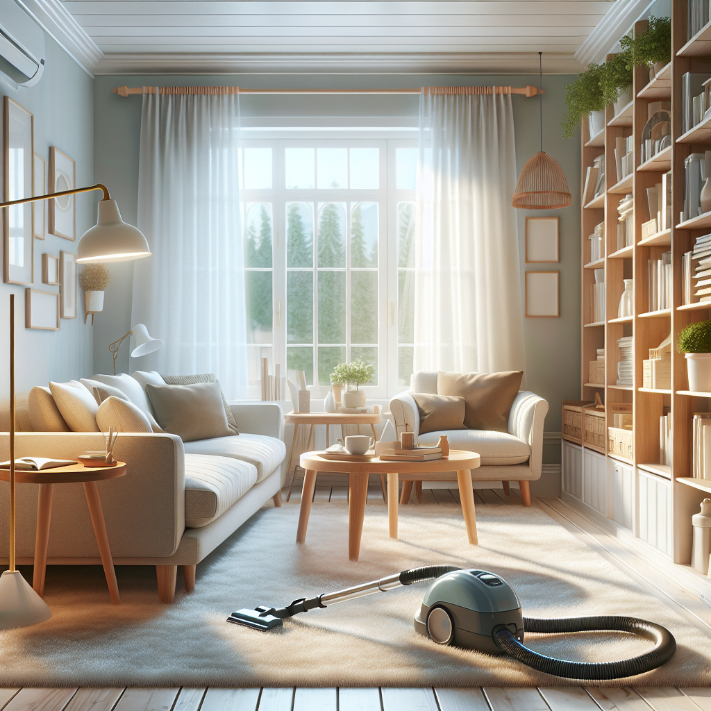 A clean and organized living room with neat furniture and a vacuum cleaner in the corner.