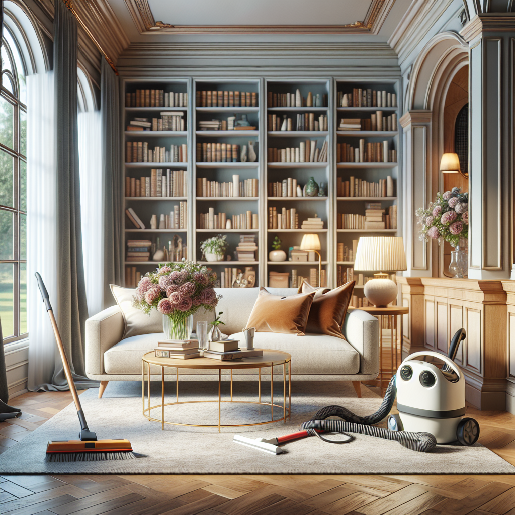 A clean and organized modern living room with cleaning tools.
