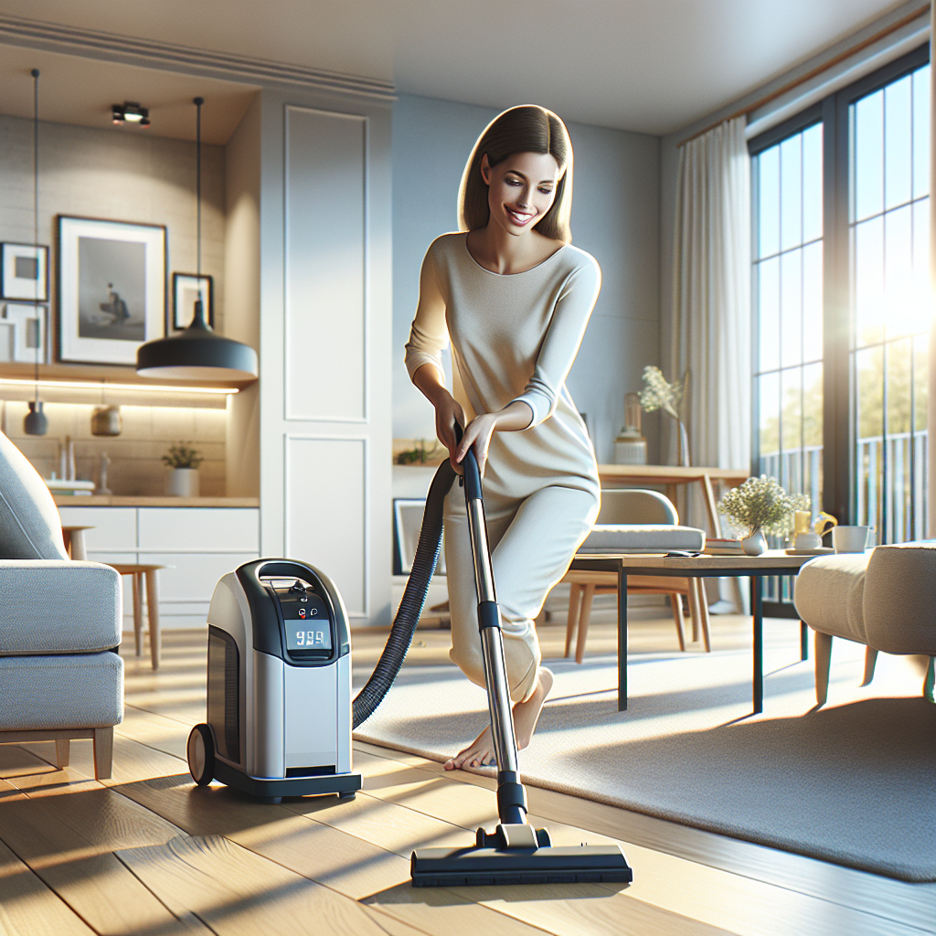 A clean and organized living room with a woman vacuuming, showcasing the benefits of house cleaning.