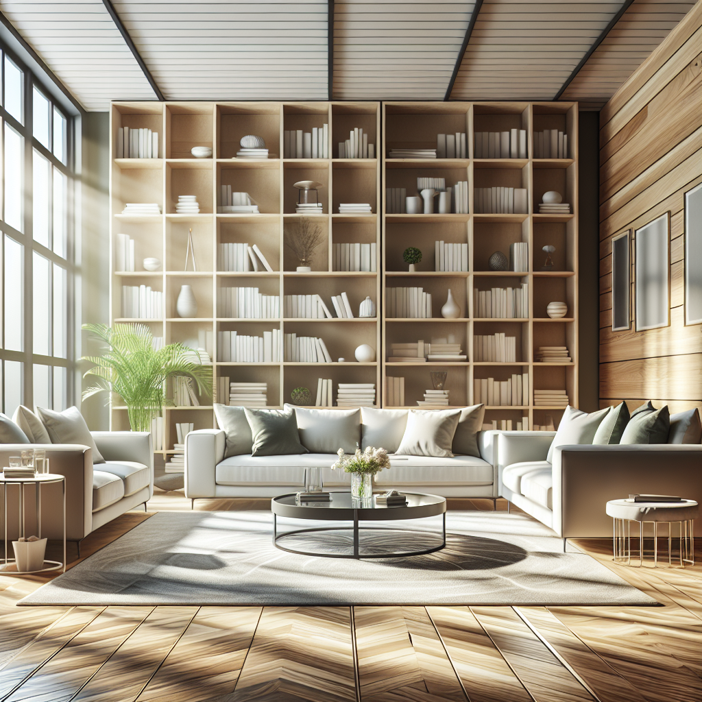 A clean, organized living room with modern furniture, sunlight streaming through windows, and no clutter.