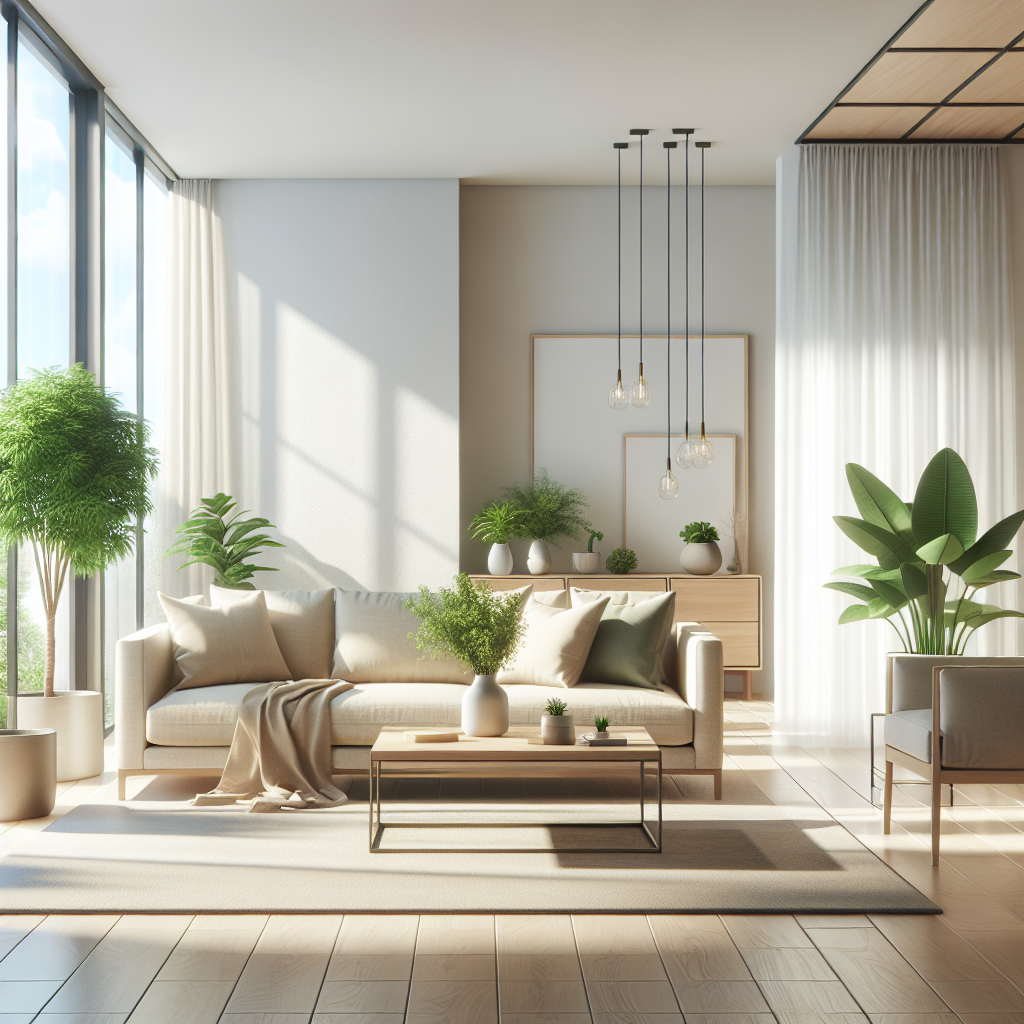 A tidy and organized living room with modern furniture and indoor plants, flooded with natural light.
