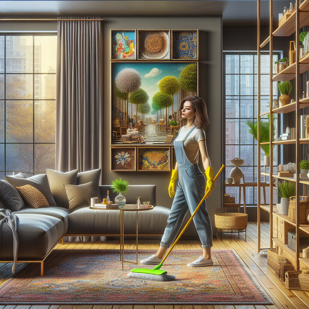 A woman cleaning a tidy living room with natural light coming through a large window.