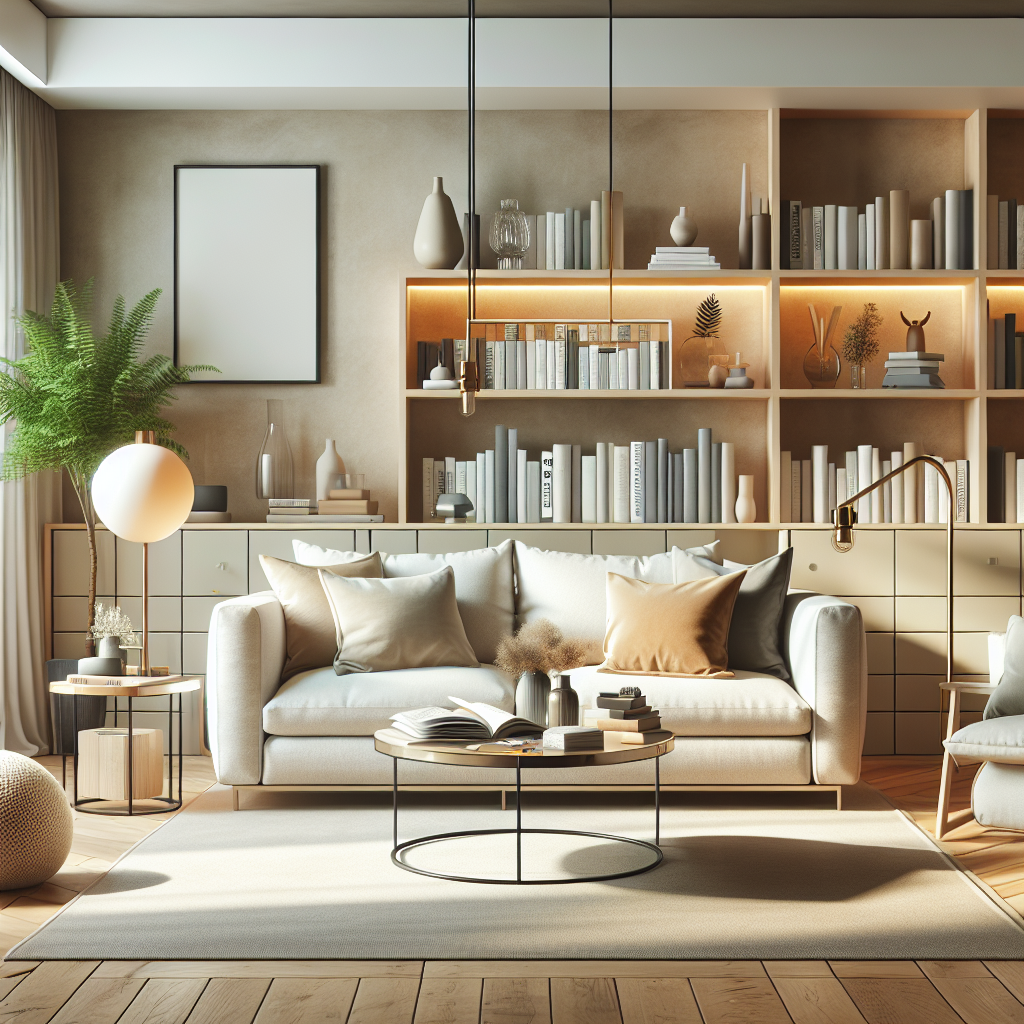 A clean and organized modern living room with a comfortable sofa, coffee table, and bookshelf, emphasizing tidiness and cleanliness.