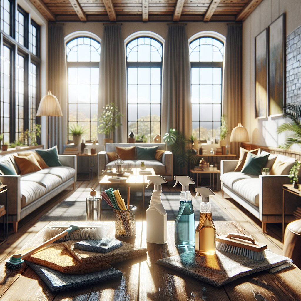 A clean and tidy living room with eco-friendly cleaning supplies on a table and sunlight streaming in.