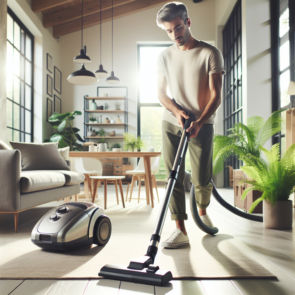 Person vacuuming a modern, clean living room.