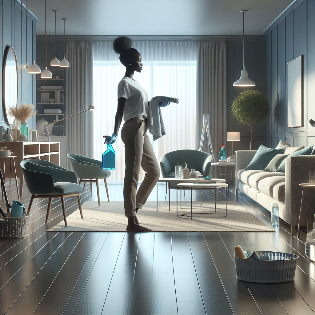A clean and organized living room with a person holding cleaning supplies, representing DIY house cleaning.