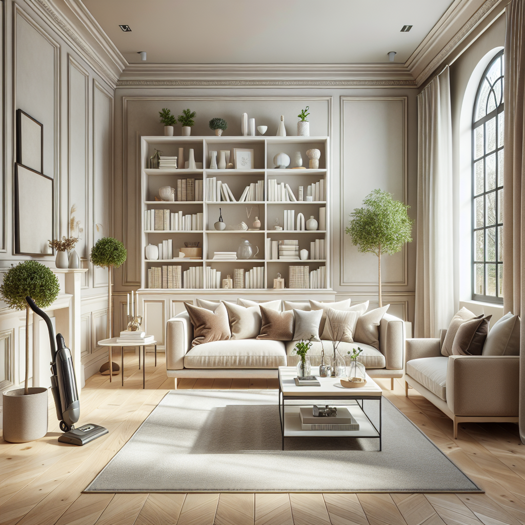 A tidy and organized living room with a beige sofa, coffee table, bookshelf, and vacuum cleaner.