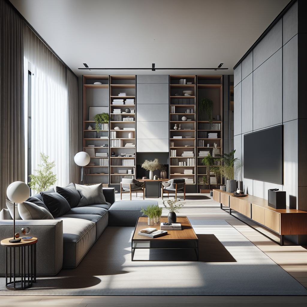 A clean and organized modern living room, reflecting a structured house cleaning schedule.
