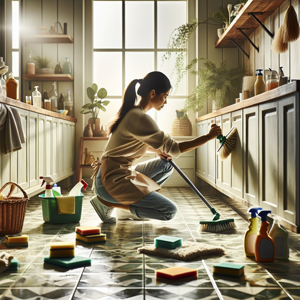 Person deep cleaning a home with various eco-friendly cleaning supplies.
