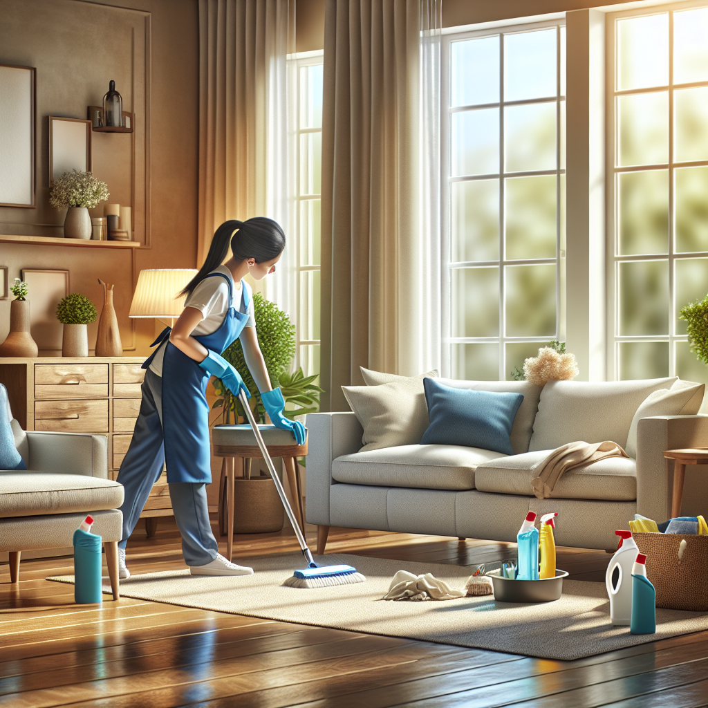 A cozy living room being deep cleaned with a cleaner working on baseboards and eco-friendly cleaning products visible.