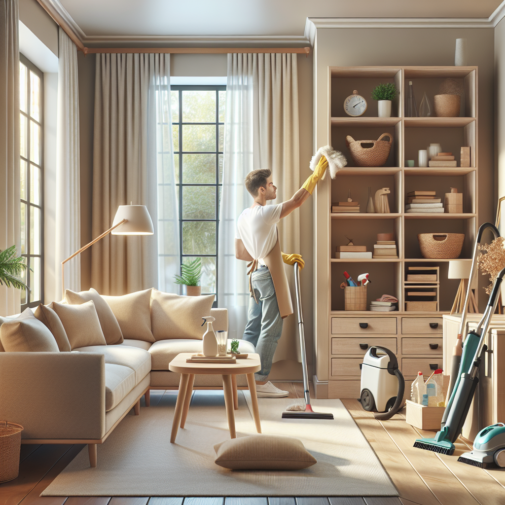 A cozy living room being deep cleaned with focus on dusting, vacuuming, and organized cleaning supplies.