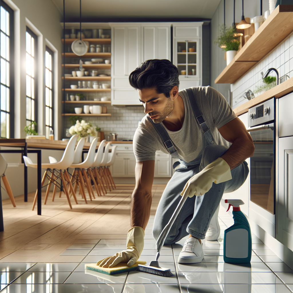 A person deep cleaning a modern kitchen, focusing on detailed cleaning tasks.