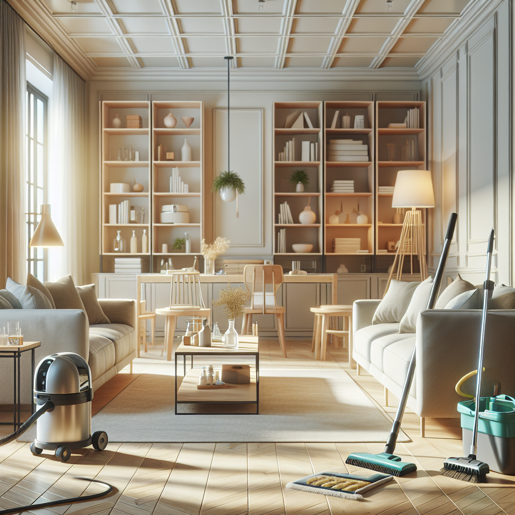 A clean and tidy modern living room with cleaning supplies.