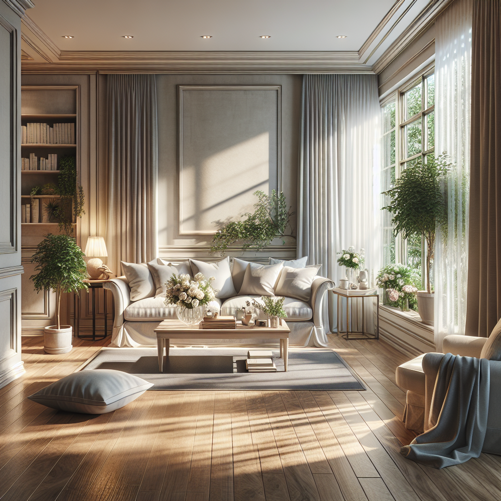 A clean, tidy, and well-organized living room with neutral tones and natural light.