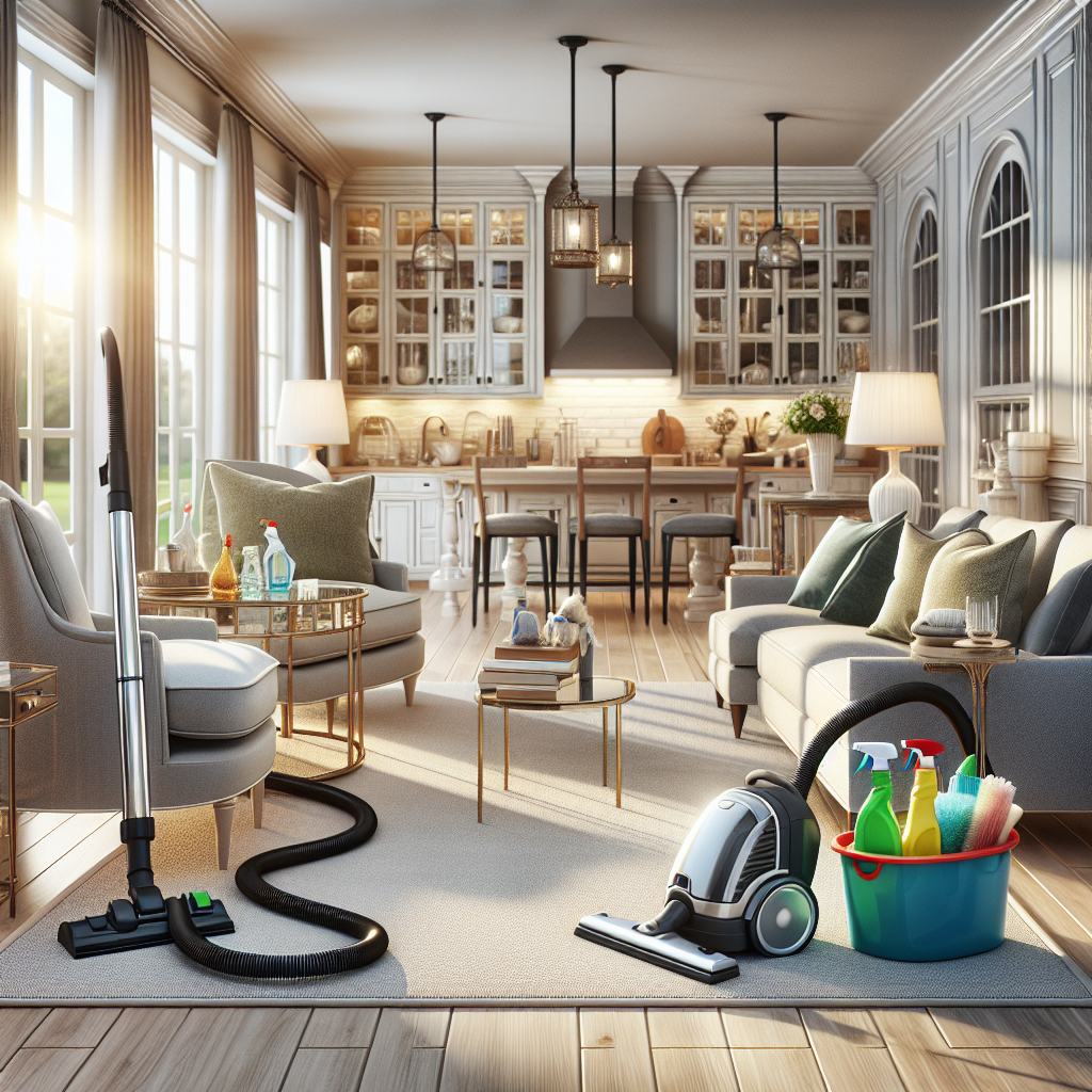 A clean and organized home interior emphasizing a house cleaning routine with eco-friendly products.