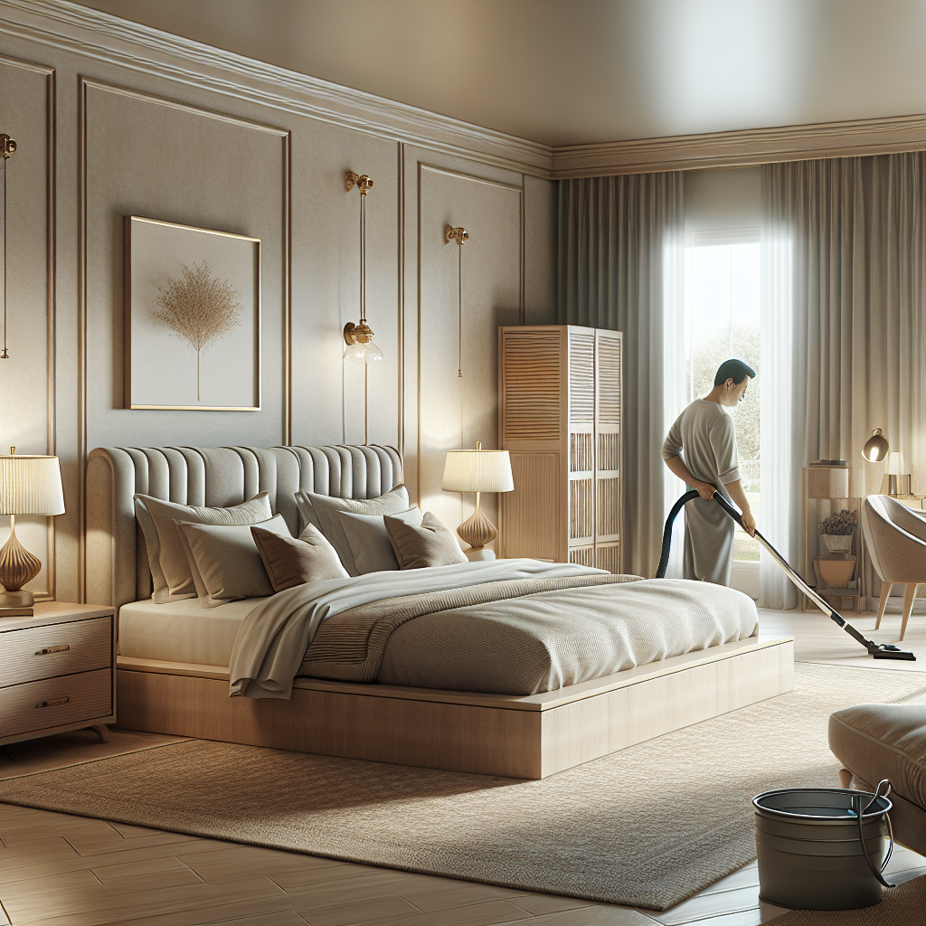 A master bedroom being deep cleaned, showcasing cleanliness, organization, and a serene atmosphere.