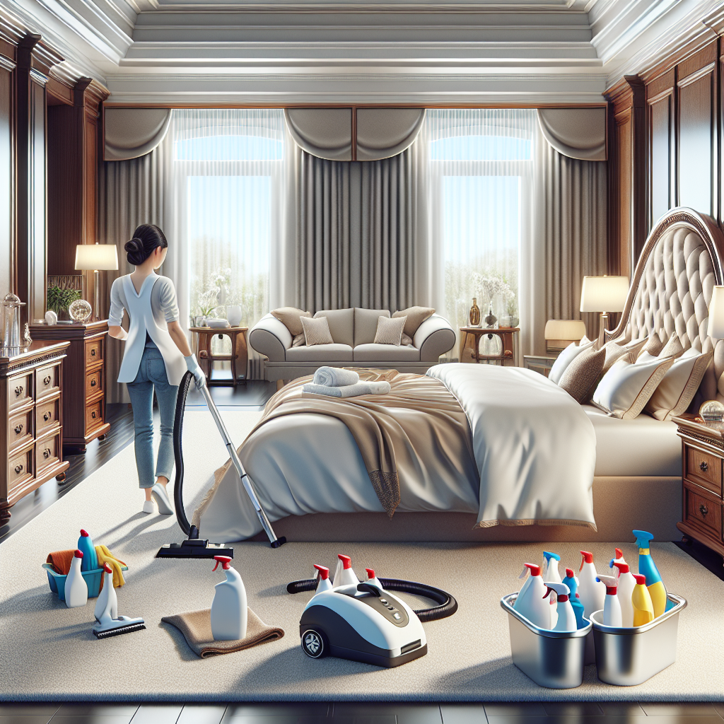 A master bedroom being deeply cleaned with a person vacuuming and cleaning supplies on the bed.