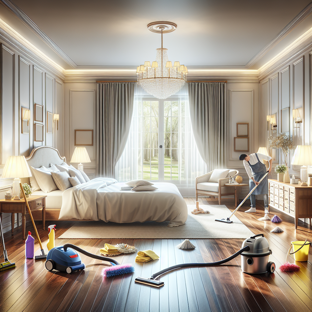 A master bedroom being deep cleaned with cleaning supplies and natural lighting.