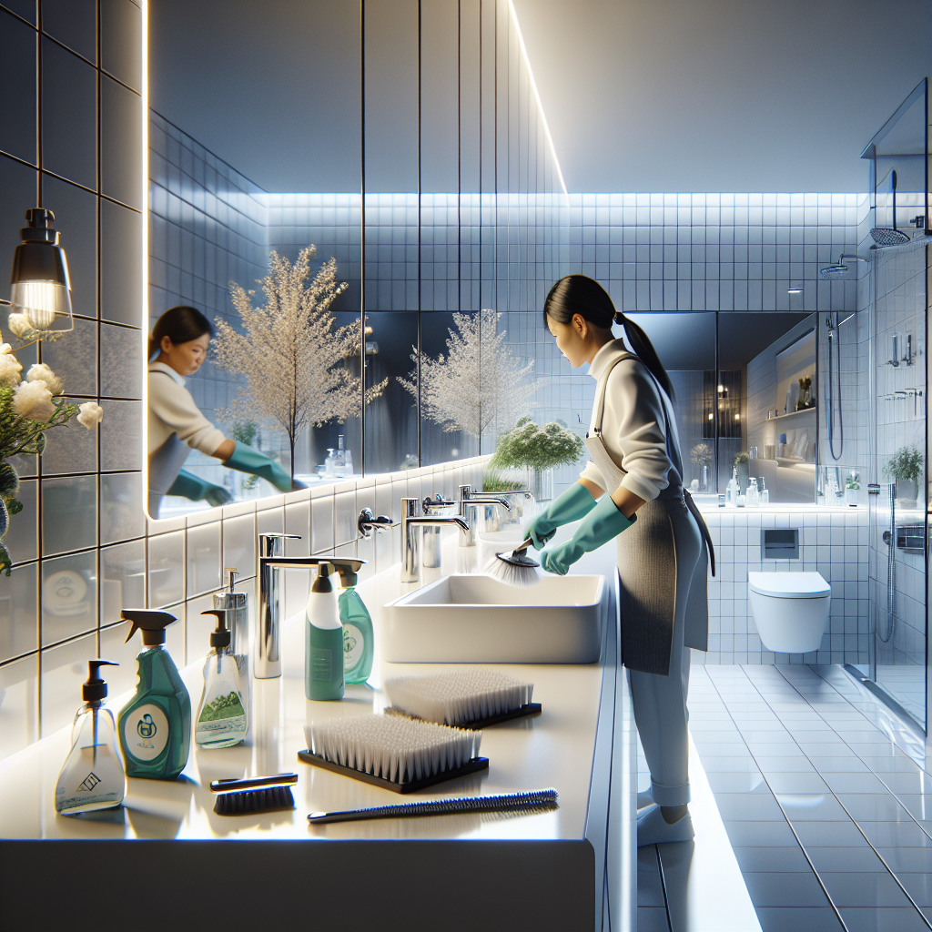 A modern bathroom being deep-cleaned with eco-friendly products and a person scrubbing tiles.