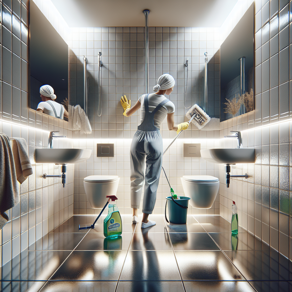 A person deep cleaning a pristine bathroom with eco-friendly products.