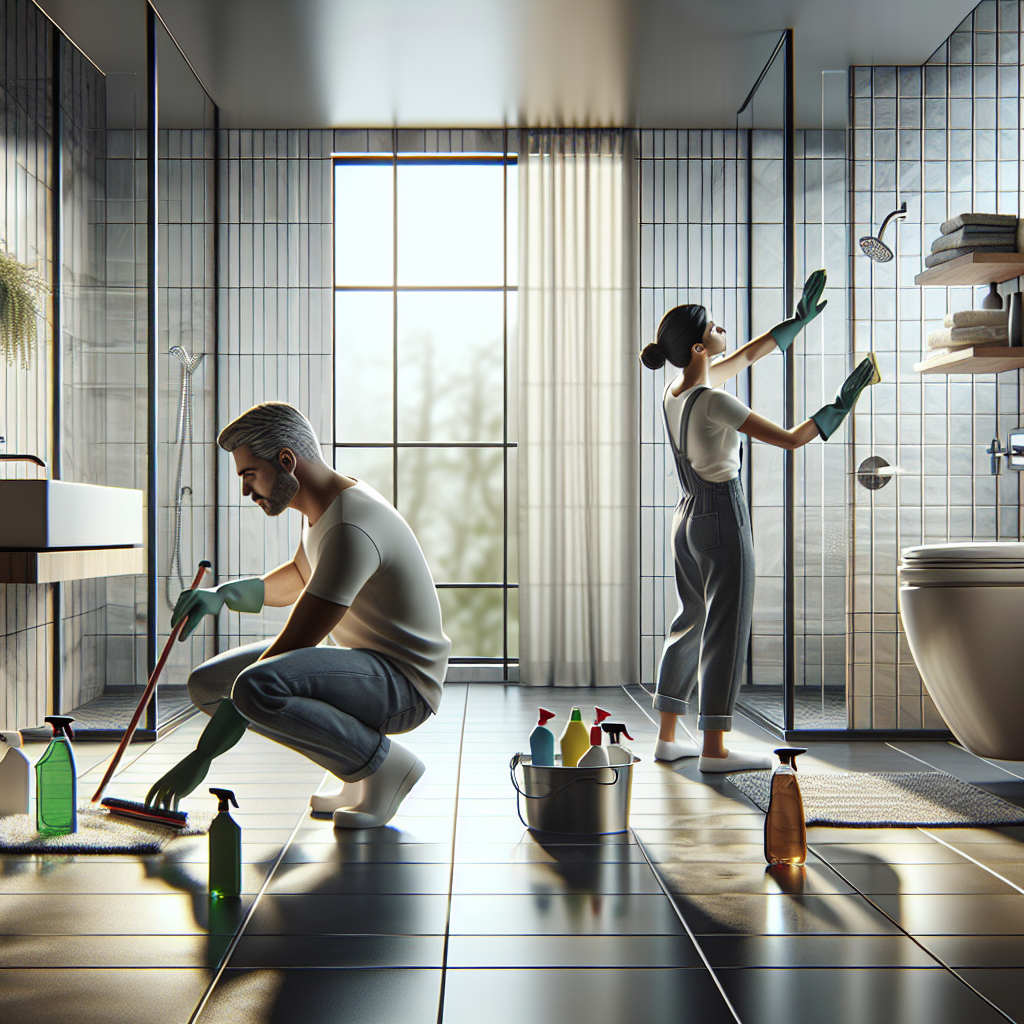 A bathroom being deep cleaned with people scrubbing tiles and wiping shower doors using eco-friendly products.