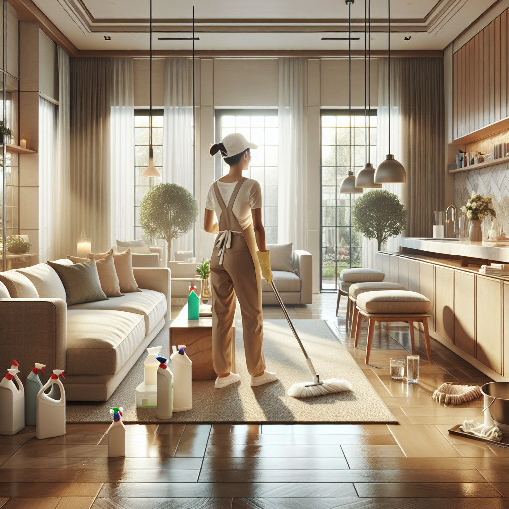 A professional cleaner scrubbing tiles in a spotless modern living room.