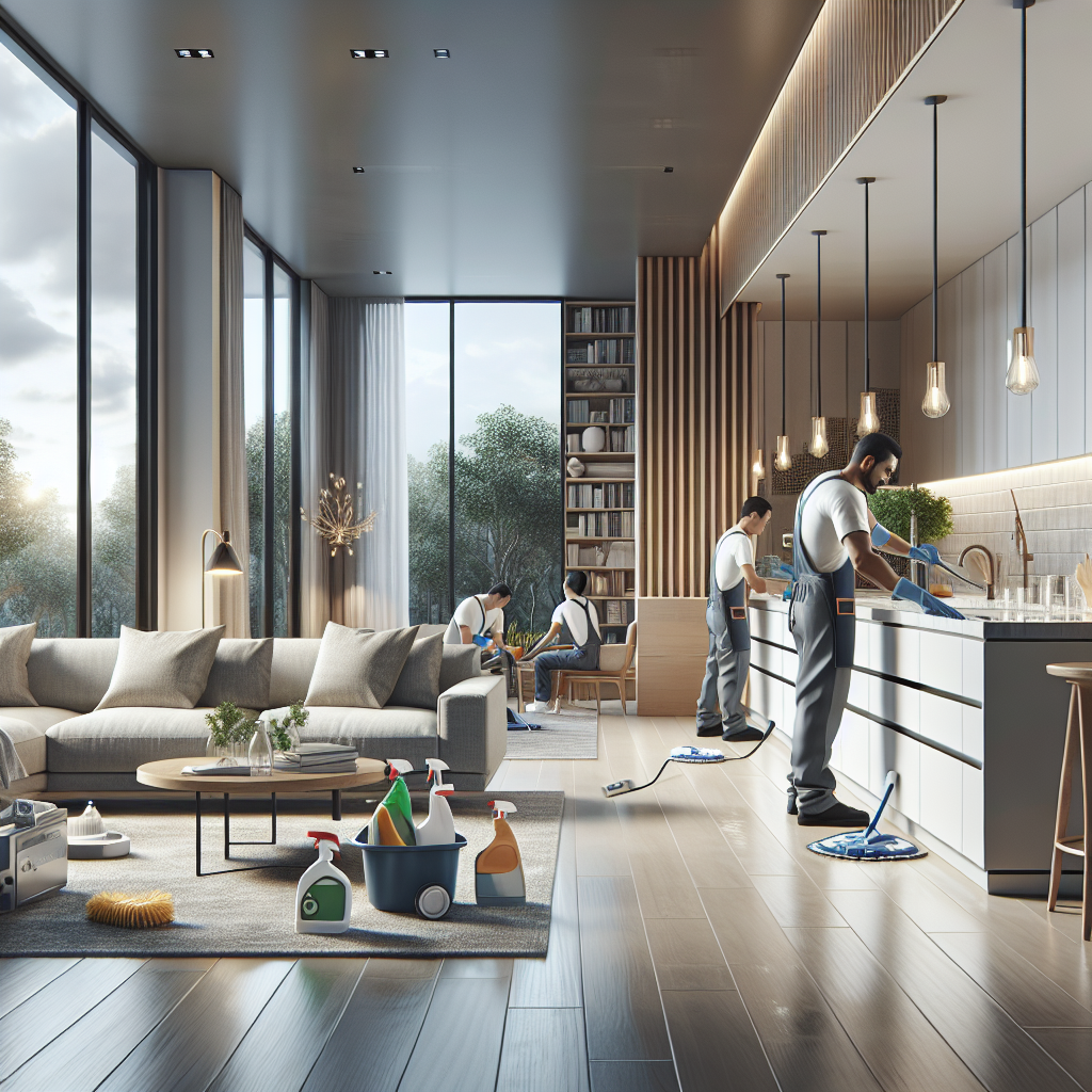 A team of professional cleaners deep cleaning a modern residential living room.