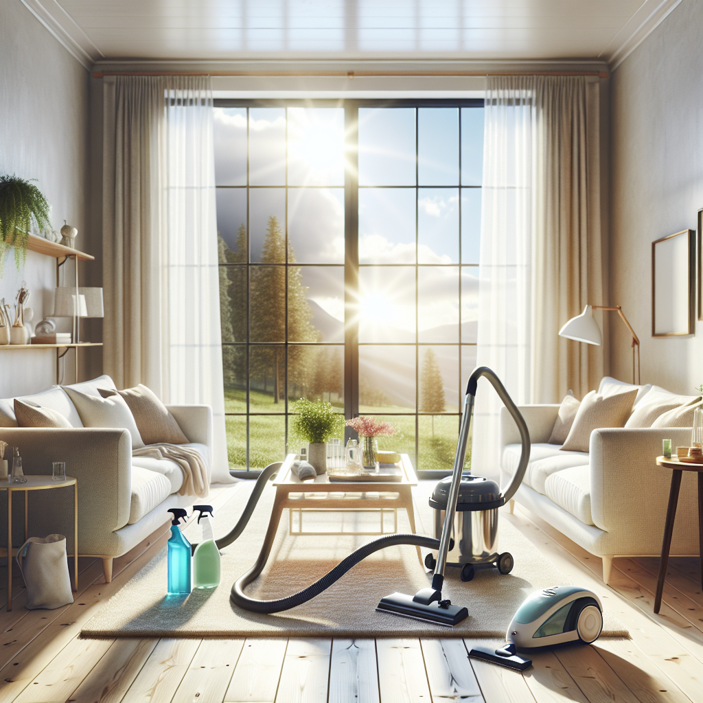 A professionally cleaned living room with sunlight, vacuum cleaner, and eco-friendly cleaning supplies.