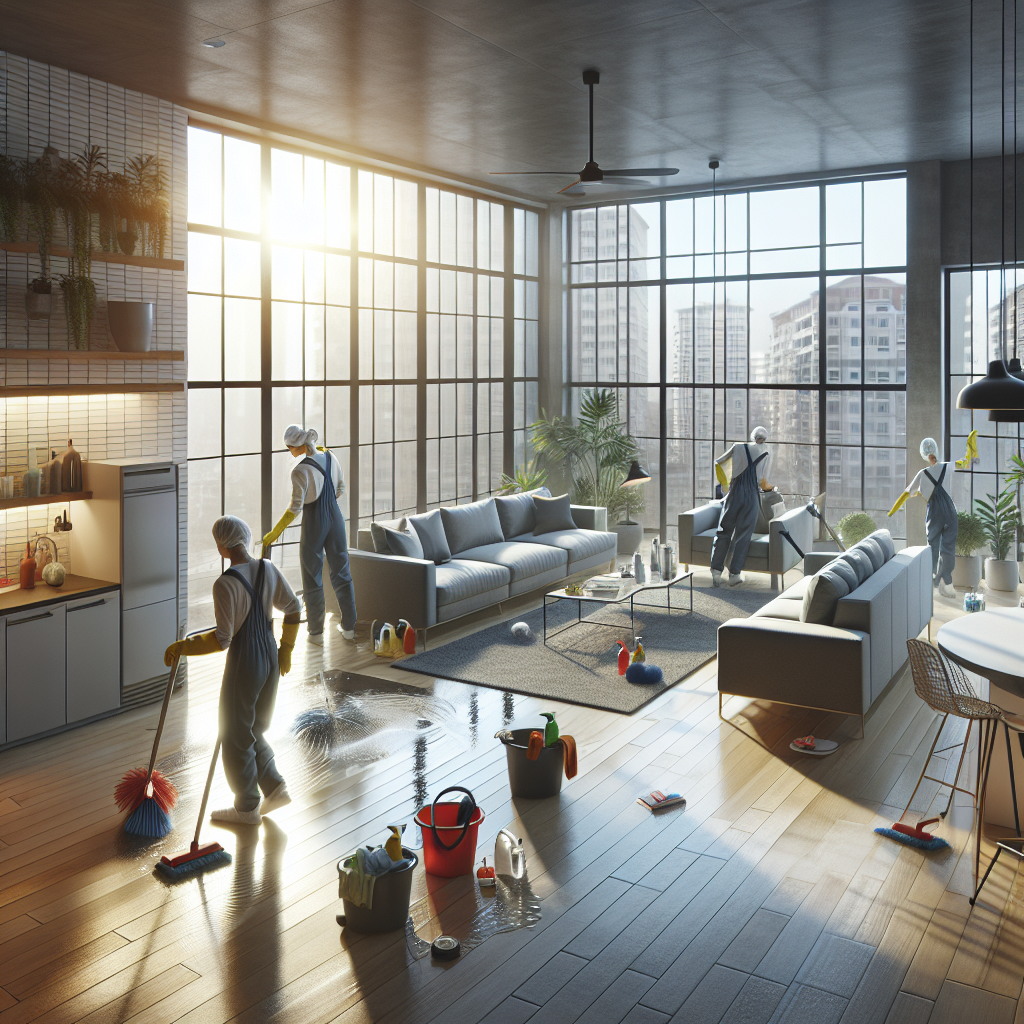 Professional residential deep cleaning in a modern living room with cleaners working meticulously.