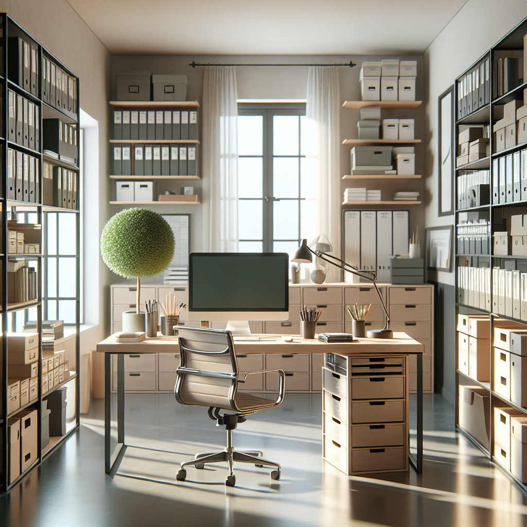 A professionally organized home office with a clean desk, neatly arranged shelves, and a small indoor plant.