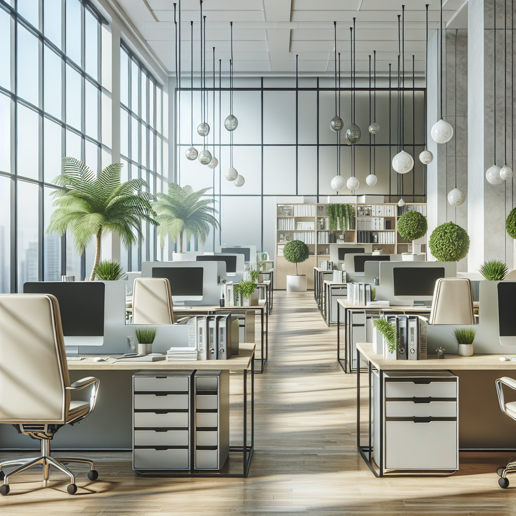 A well-organized modern office space with tidy desks, minimalist decor, and natural light.