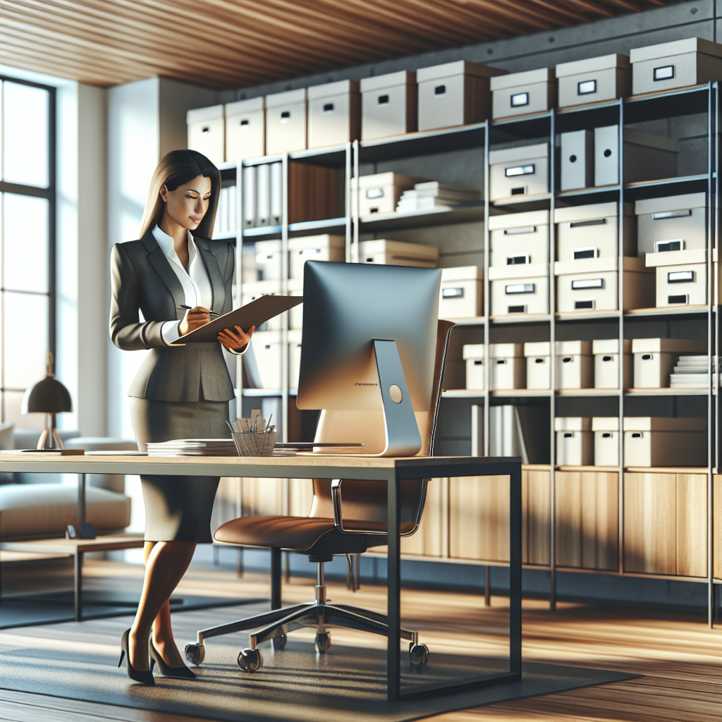 A professional organizer arranging a modern, organized office space.