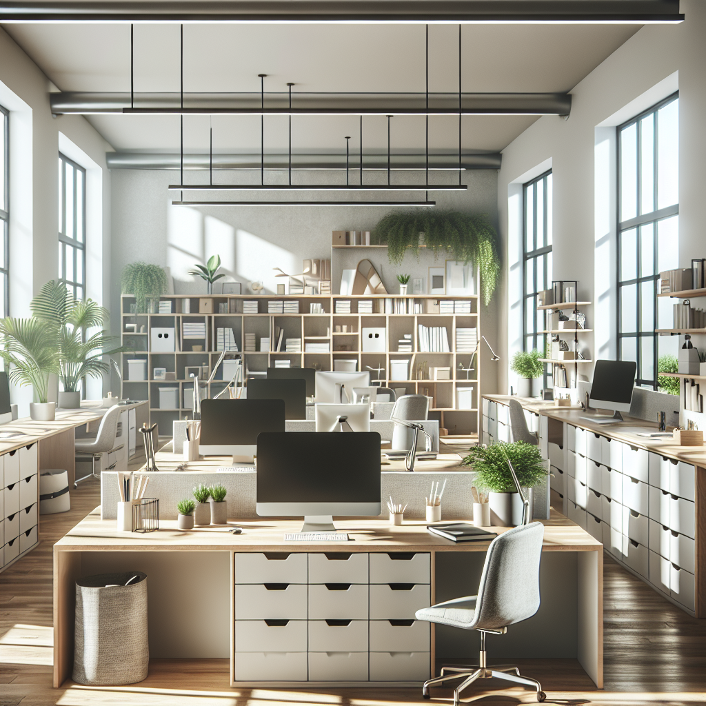 A modern, organized office space with clean desks, organized storage solutions, and natural light streaming in.