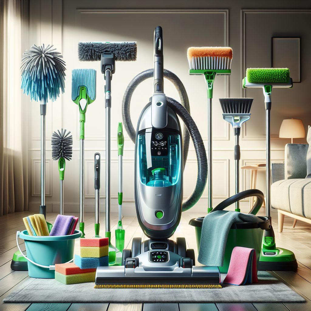 A variety of house cleaning equipment, including a vacuum cleaner, mop, bucket, microfiber cloths, dusters, and eco-friendly cleaning products, arranged neatly in a clean, modern living room.