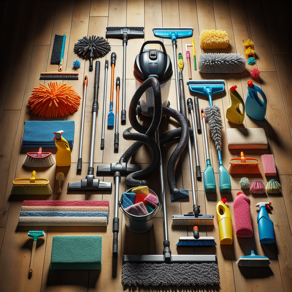 Various house cleaning equipment arranged neatly on a wooden floor.