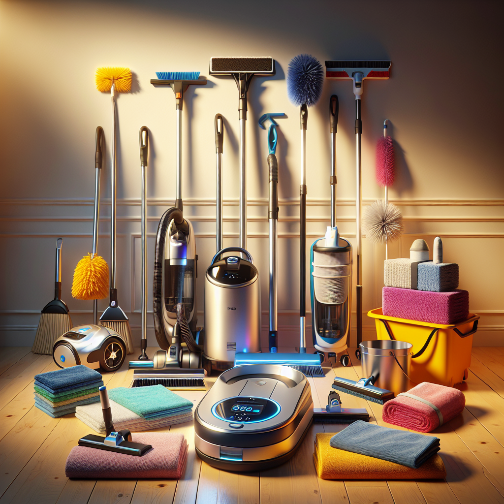 Various house cleaning equipment arranged on a wooden floor in a well-lit room.