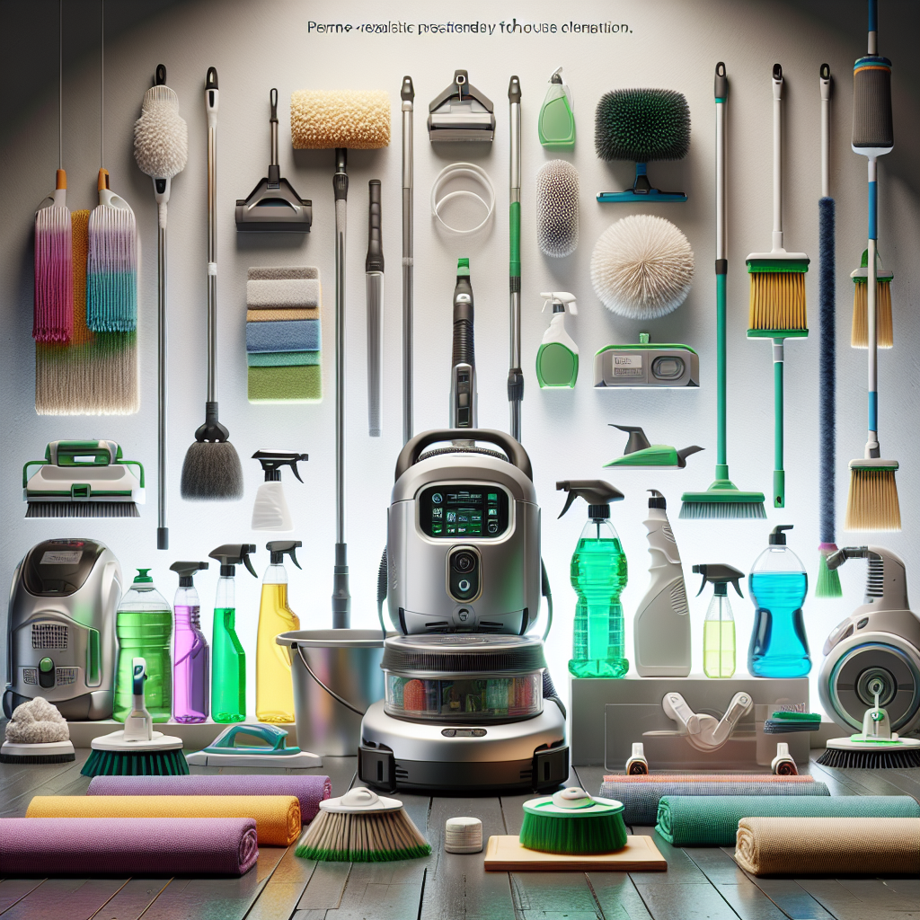 Various house cleaning equipment including vacuum, mop, dusters, cloths, and eco-friendly products.