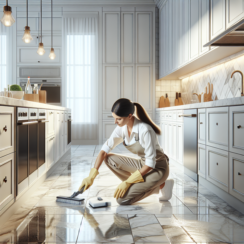 Professional cleaner deep cleaning a modern kitchen with stainless steel appliances and white marble countertops.