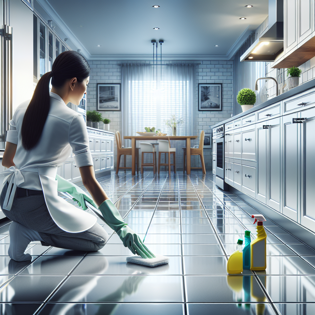 A professional cleaner scrubbing tile grout in a pristine, bright kitchen during a deep cleaning session.
