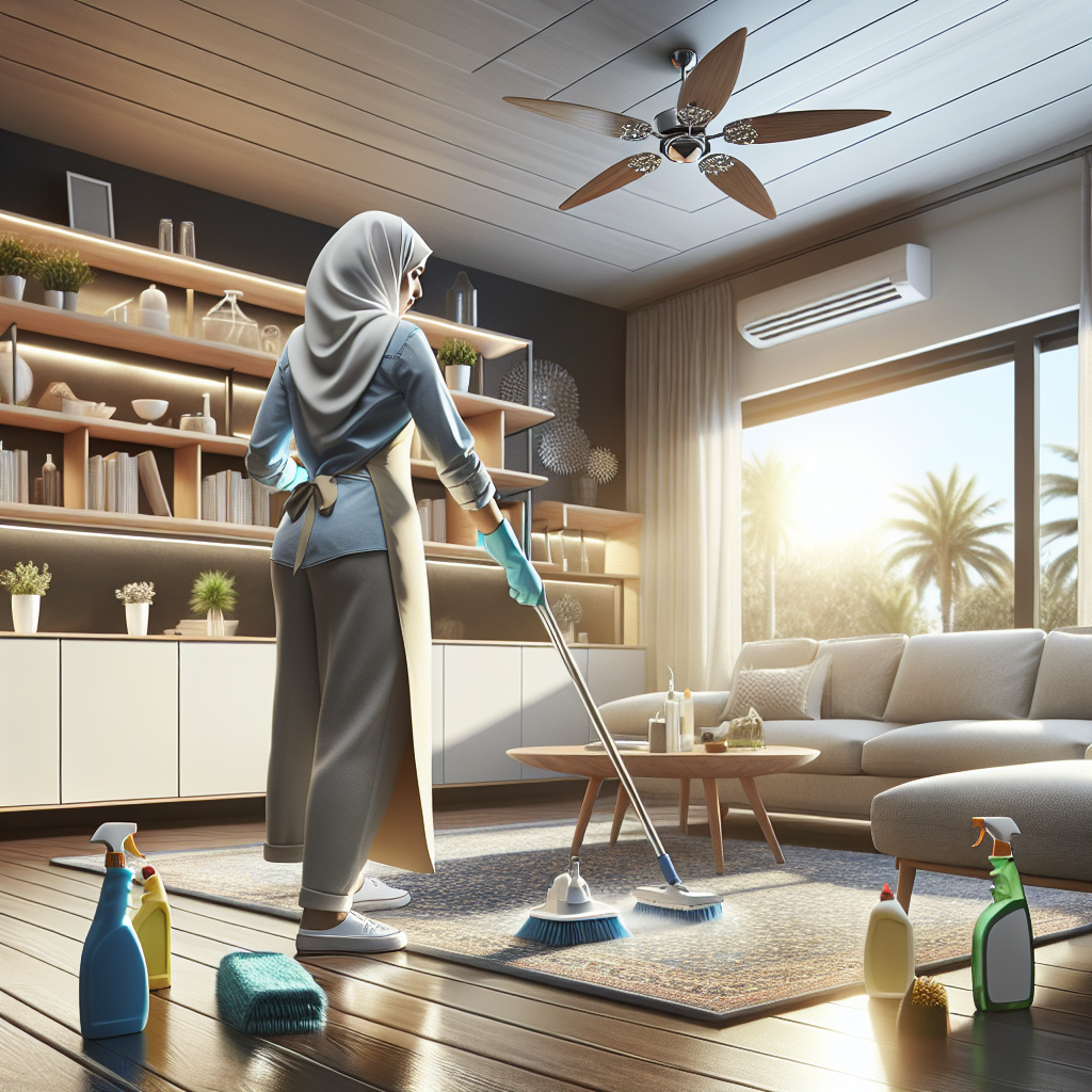 A realistic scene of a professional deep cleaning a modern home with bright, clean surfaces.