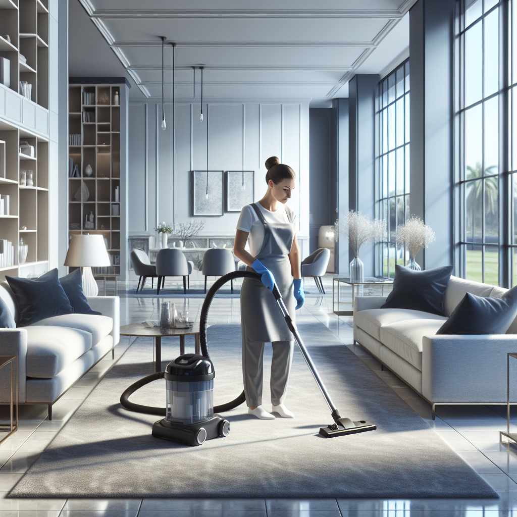 A professional cleaner vacuuming a modern, spacious living room.