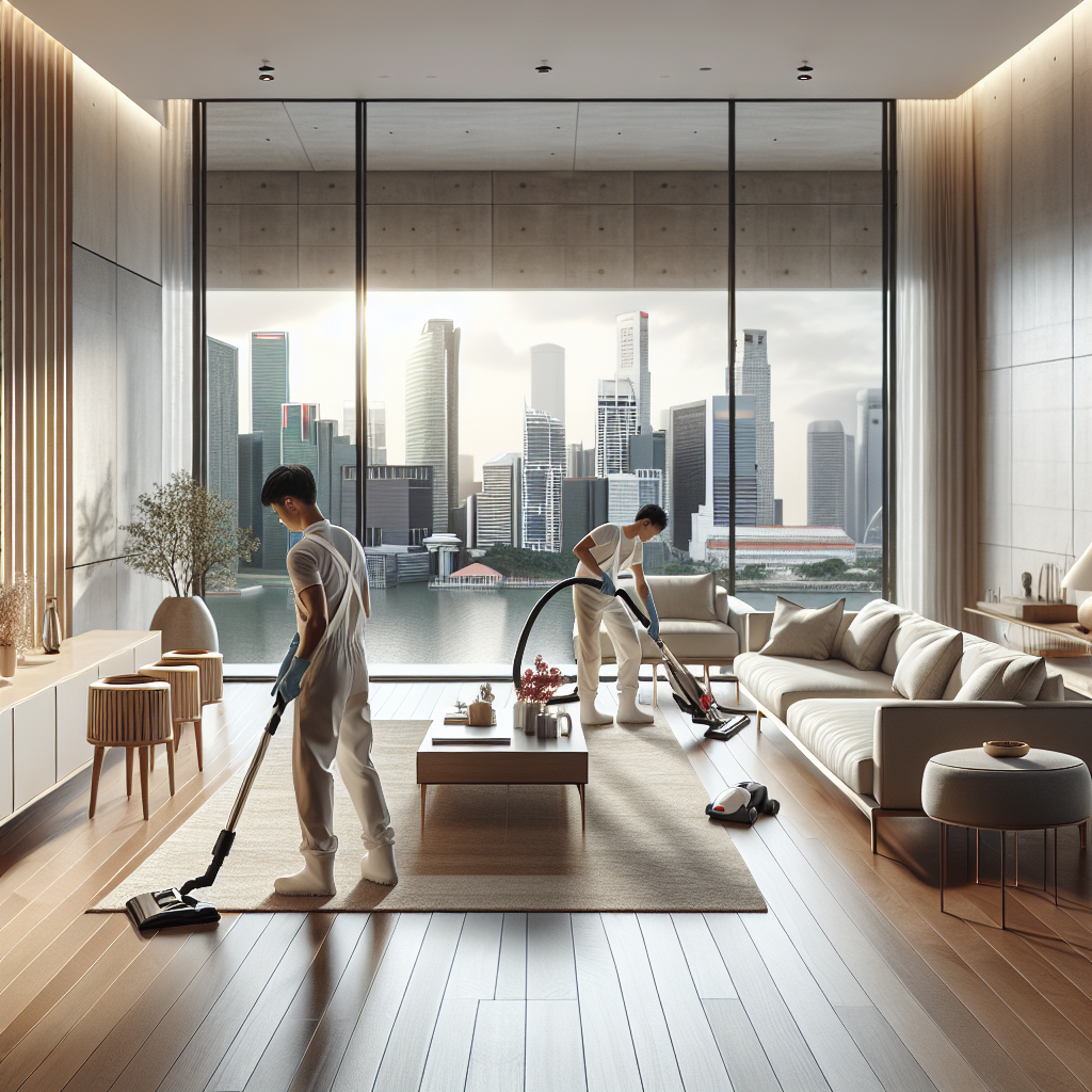Professional house cleaners working in a modern, tidy Singaporean living room.
