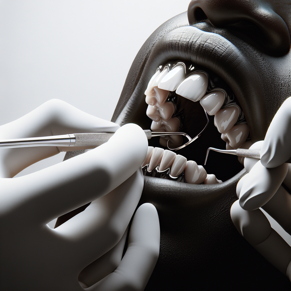 Close-up of a dentist performing a deep cleaning procedure on a patient's teeth.