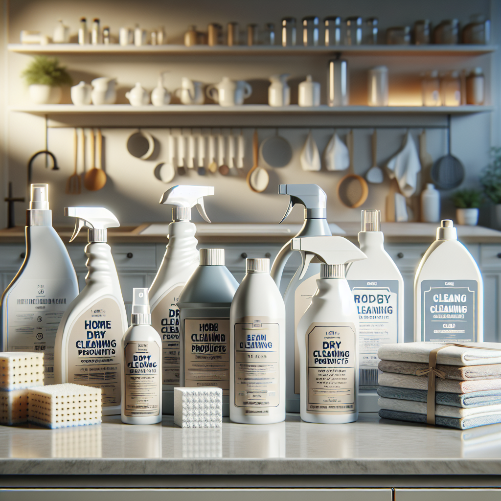 Home dry cleaning products on a kitchen countertop, emphasizing their ease of use and eco-friendly nature.
