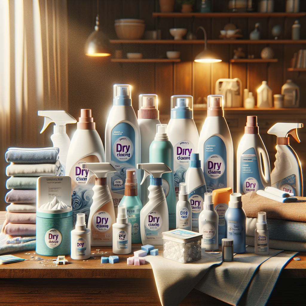Various home dry cleaning products placed on a wooden table in a cozy home setting.